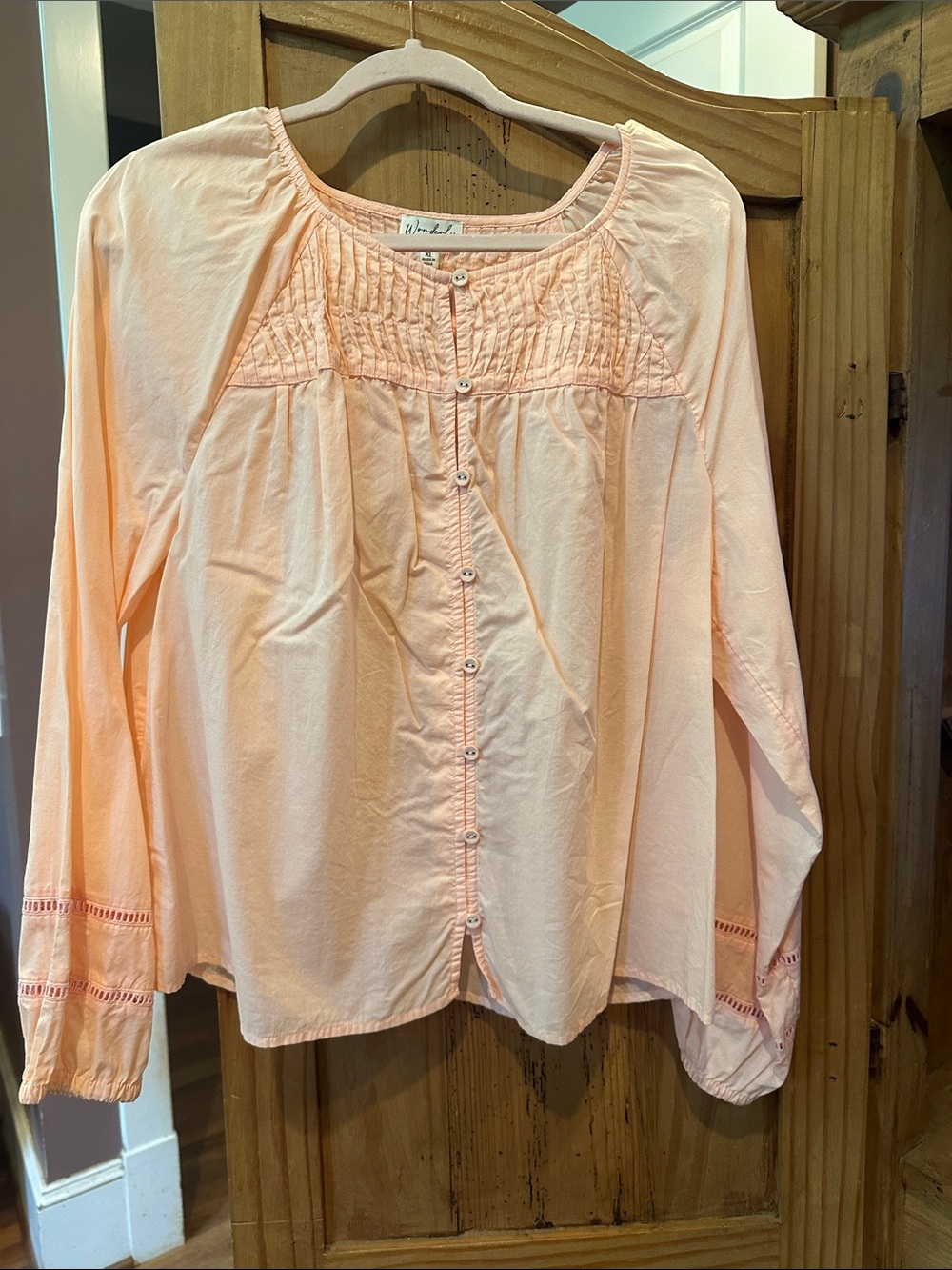 Wonderly Light Peach Button-Front Smocked Yoke Blouse